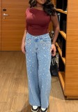 Women Spring & Summer Washed Beaded & Rhinestone Denim Pants