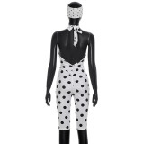 Women Polka Dot Print Hairband Halter Neck Lace-Up Backless Capri Jumpsuit