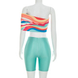 Women One Shoulder Print Crop Top & Shorts Two Piece Set