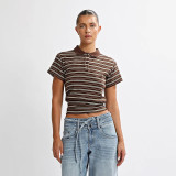 Women Spring & Summer Casual Striped Polo Neck T-Shirt Top