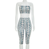 Women Summer Snakeskin Print Strapless Top & Capri Pants Two Piece Set