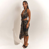 Women Summer Sexy Leopard Print Sleeveless Halter Neck Backless Top & Skirt Two Piece Set