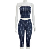 Women Polka Dot Print Strapless Top & Capri Pants Two Piece Set
