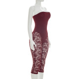 Women Strapless See-Through Lace Patchwork Capri Jumpsuit