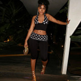 Women Patchwork Polka Dot Print Halter Neck Camisole & Ruched Waist Capri Pants Two Piece Set