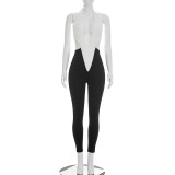 Women V Neck Halter Neck Tie Jumpsuit