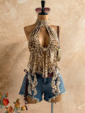 Women Leopard Print Sexy Halter Neck Lace-Up Irregular Backless Mesh Top