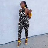 Women Spring & Summer Polka Dot Print Halter Neck Lace-Up Backless Jumpsuit