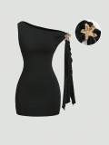 Women Sexy Slash Shoulder Strap Metallic Bodycon Dress
