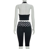 Women Patchwork Polka Dot Print Halter Neck Camisole & Ruched Waist Capri Pants Two Piece Set