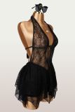Women Sexy Lace See-Through Mesh Patchwork Halter Neck Backless Jumpsuit