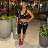 Women Patchwork Polka Dot Print Halter Neck Camisole & Ruched Waist Capri Pants Two Piece Set