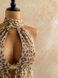 Women Leopard Print Sexy Halter Neck Lace-Up Irregular Backless Mesh Top