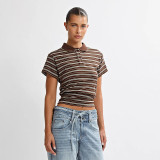 Women Spring & Summer Casual Striped Polo Neck T-Shirt Top