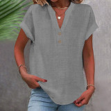 Women Summer Stand Collar Button Down Short Sleeve Shirt