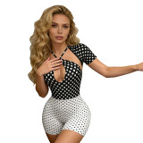 Women Summer Sexy Polka Dot Print Halter Neck Tie Short Sleeve Cargo Shorts
