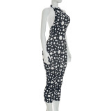 Women Spring & Summer Polka Dot Print Halter Neck Lace-Up Backless Jumpsuit