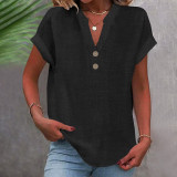 Women Summer Stand Collar Button Down Short Sleeve Shirt