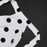 Women Polka Dot Print Hairband Halter Neck Lace-Up Backless Capri Jumpsuit