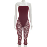 Women Strapless See-Through Lace Patchwork Capri Jumpsuit