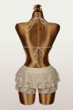 Women Sexy Stretchy Lace-Up Backless Lace Trim Patchwork Jumpsuit
