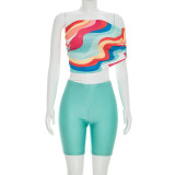 Women One Shoulder Print Crop Top & Shorts Two Piece Set
