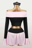 Women Color Block Bow Bell Sleeve Patchwork Off Shoulder Top & Skirt Two Piece Set