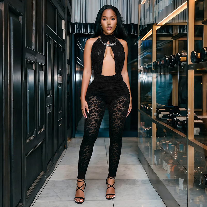 See-Through Backless Hollow-Out Lace Jumpsuit for Club Wear