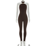 Women Spring Solid Color Sleeveless Slim Fit Jumpsuit