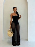 Women Summer Holiday Strapless Hollow Out Sexy Knitting Dress Two Piece Set