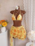 Women Color Block Sexy Casual Hot Holiday Lace-Up Three Piece Swimsuit
