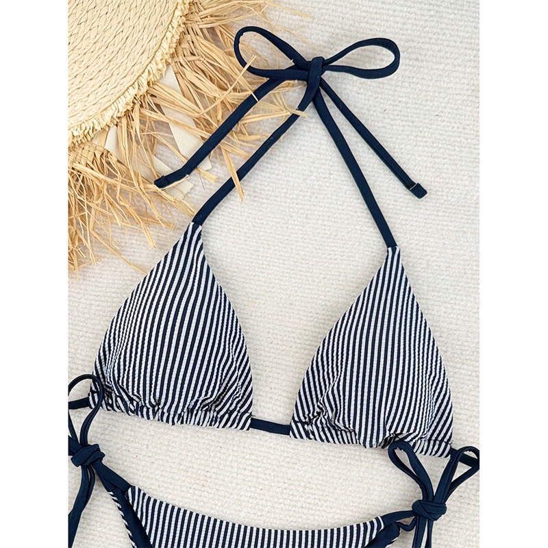 Striped Halter Neck Lace-Up Two-Piece Bikini for Summer