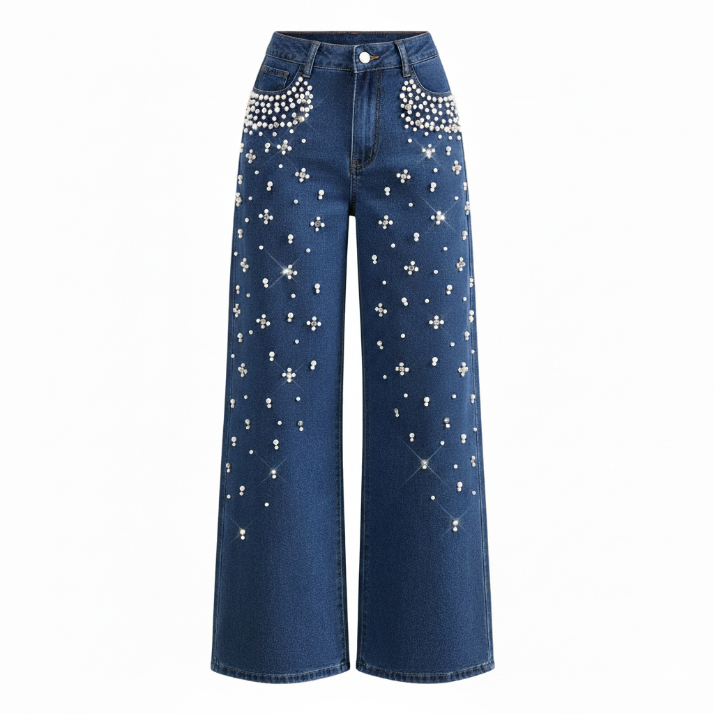 Beaded Denim Straight Leg Jeans for Casual Streetwear