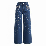 Women's Beaded Denim Straight Leg Jeans