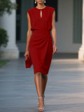 Summer Women's Solid Ruched Slim Waist Hollow Round Neck Dress
