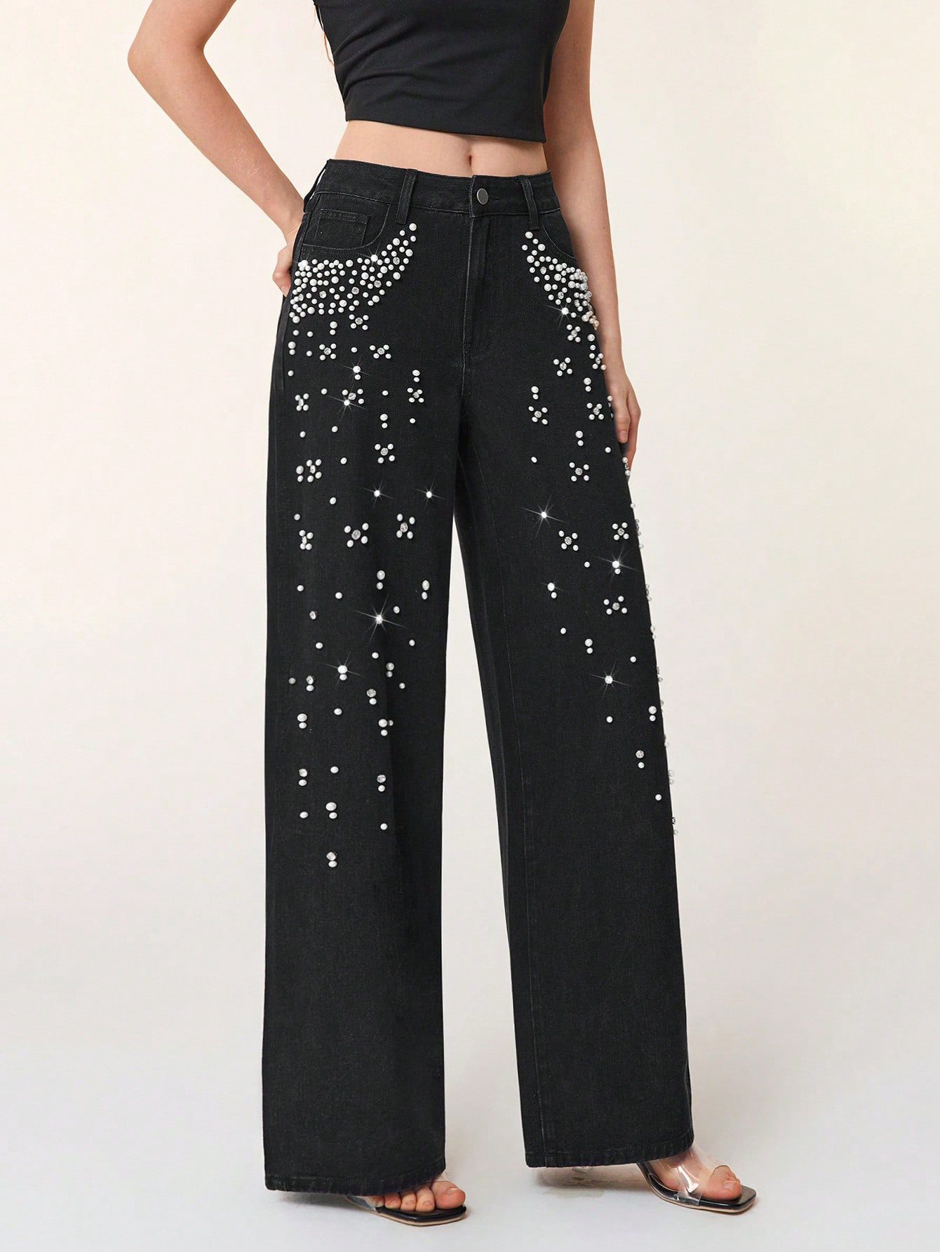 Beaded Denim Straight Leg Jeans for Casual Streetwear