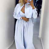 Spring Women's African Style Blue Striped Shirt Top Wide Leg Pants Set