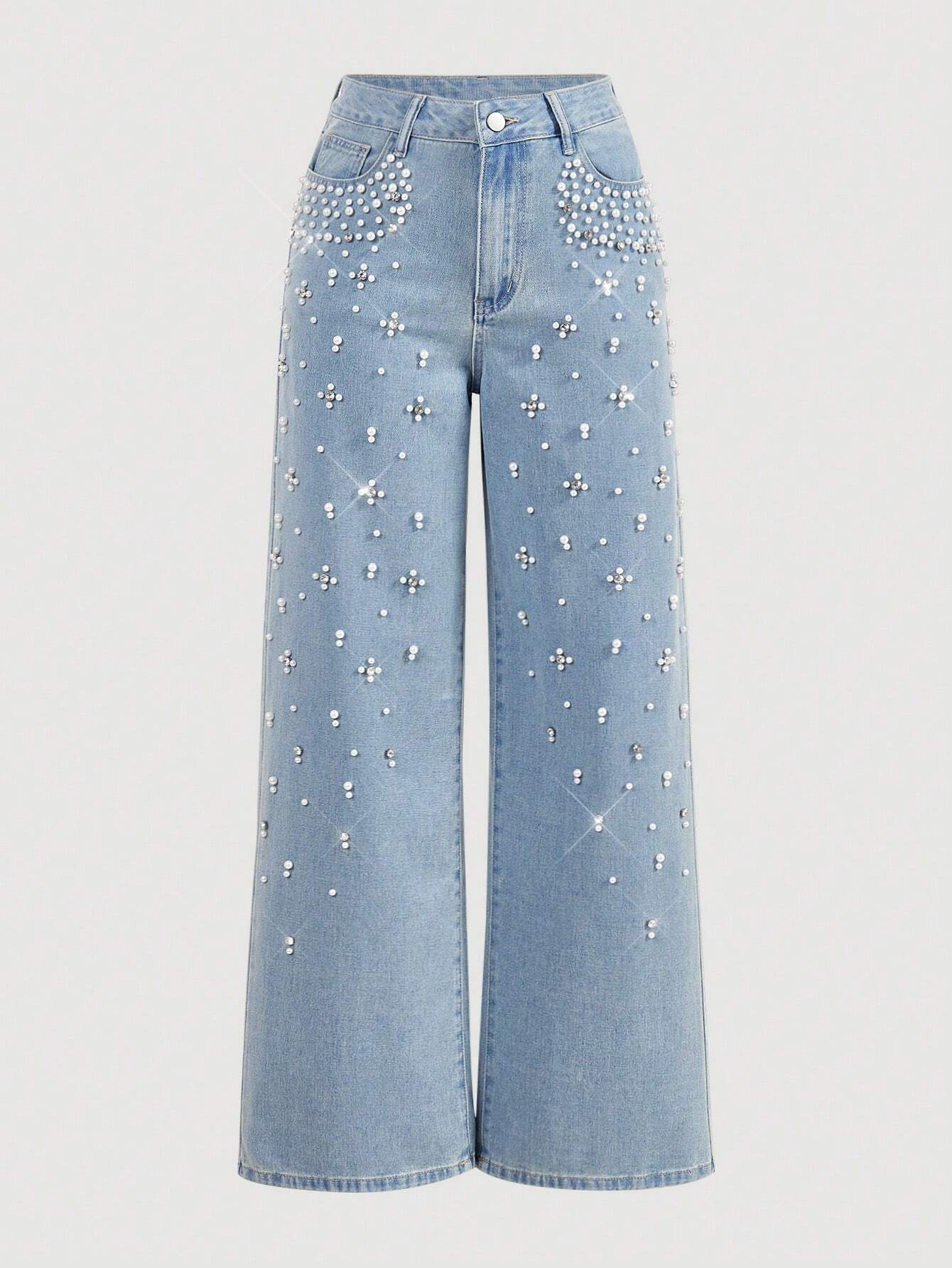 Beaded Denim Straight Leg Jeans for Casual Streetwear