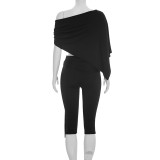 Summer Women's Casual Slash Shoulder Top Ruched Cropped Pants Set