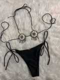 Summer Women's Shell Beaded Halter Neck Lace-Up Low Back Bikini Swimwear