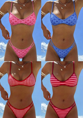 Summer Women's Printed Lace-Up Low Waist Bikini Two-Piece Swimwear