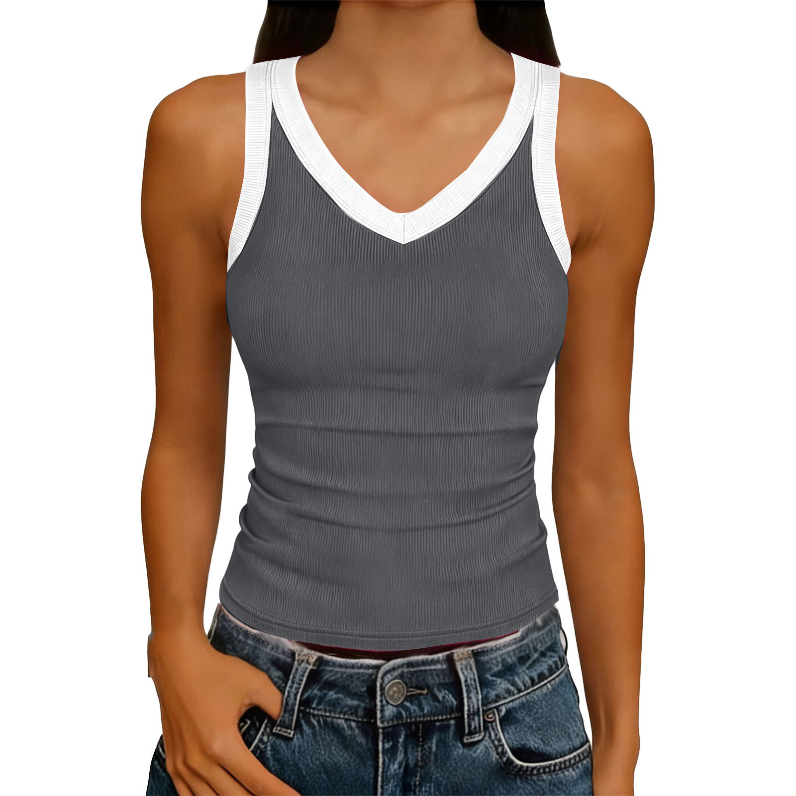 V-Neck Sleeveless Knitted Tank Top for Summer Casual