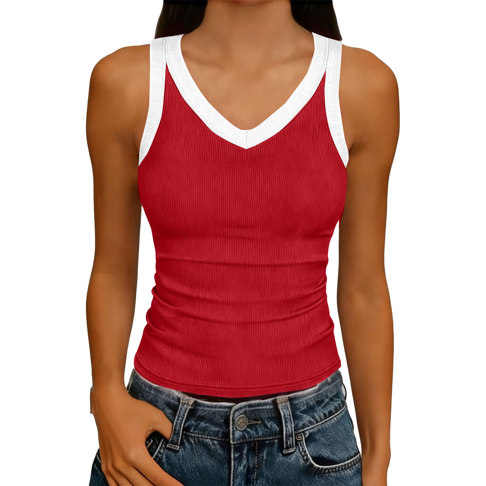 V-Neck Sleeveless Knitted Tank Top for Summer Casual