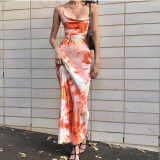 Summer Women's Tie-Dye Print Lace-Up Backless Strap Long Dress