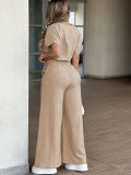 Spring Summer Women's Casual Round Neck Short Sleeve Top Wide Leg Pants Set