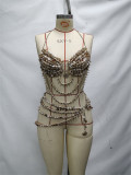 Women's Beaded Halter Neck Low Back Bra Chain Set
