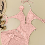 Summer Women's White Floral Lace-Up Bikini Skirt Set