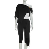 Summer Women's Casual Slash Shoulder Top Ruched Cropped Pants Set