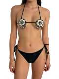 Summer Women's Shell Beaded Halter Neck Lace-Up Low Back Bikini Swimwear
