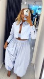 Spring Women's African Style Blue Striped Shirt Top Wide Leg Pants Set